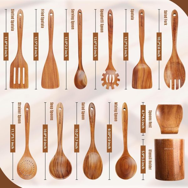 Wooden Spoons for Cooking, 10PCS Teak Wood Cookware Utensil Set with Hooks - Smooth Finish, Non-Stick, Comfortable Grip, Heat Resistant Kitchen Utensils - Image 10