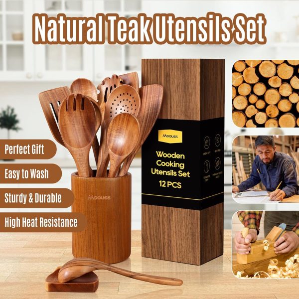 Wooden Spoons for Cooking, 10PCS Teak Wood Cookware Utensil Set with Hooks - Smooth Finish, Non-Stick, Comfortable Grip, Heat Resistant Kitchen Utensils - Image 11