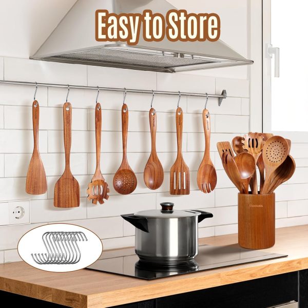 Wooden Spoons for Cooking, 10PCS Teak Wood Cookware Utensil Set with Hooks - Smooth Finish, Non-Stick, Comfortable Grip, Heat Resistant Kitchen Utensils - Image 12