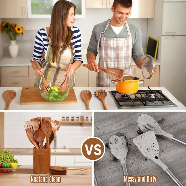 Wooden Spoons for Cooking, 10PCS Teak Wood Cookware Utensil Set with Hooks - Smooth Finish, Non-Stick, Comfortable Grip, Heat Resistant Kitchen Utensils - Image 14