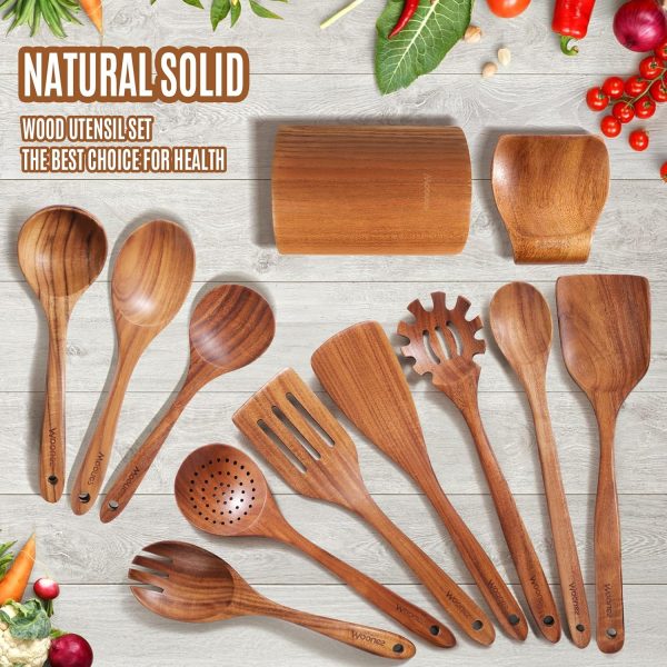 Wooden Spoons for Cooking, 10PCS Teak Wood Cookware Utensil Set with Hooks - Smooth Finish, Non-Stick, Comfortable Grip, Heat Resistant Kitchen Utensils - Image 15